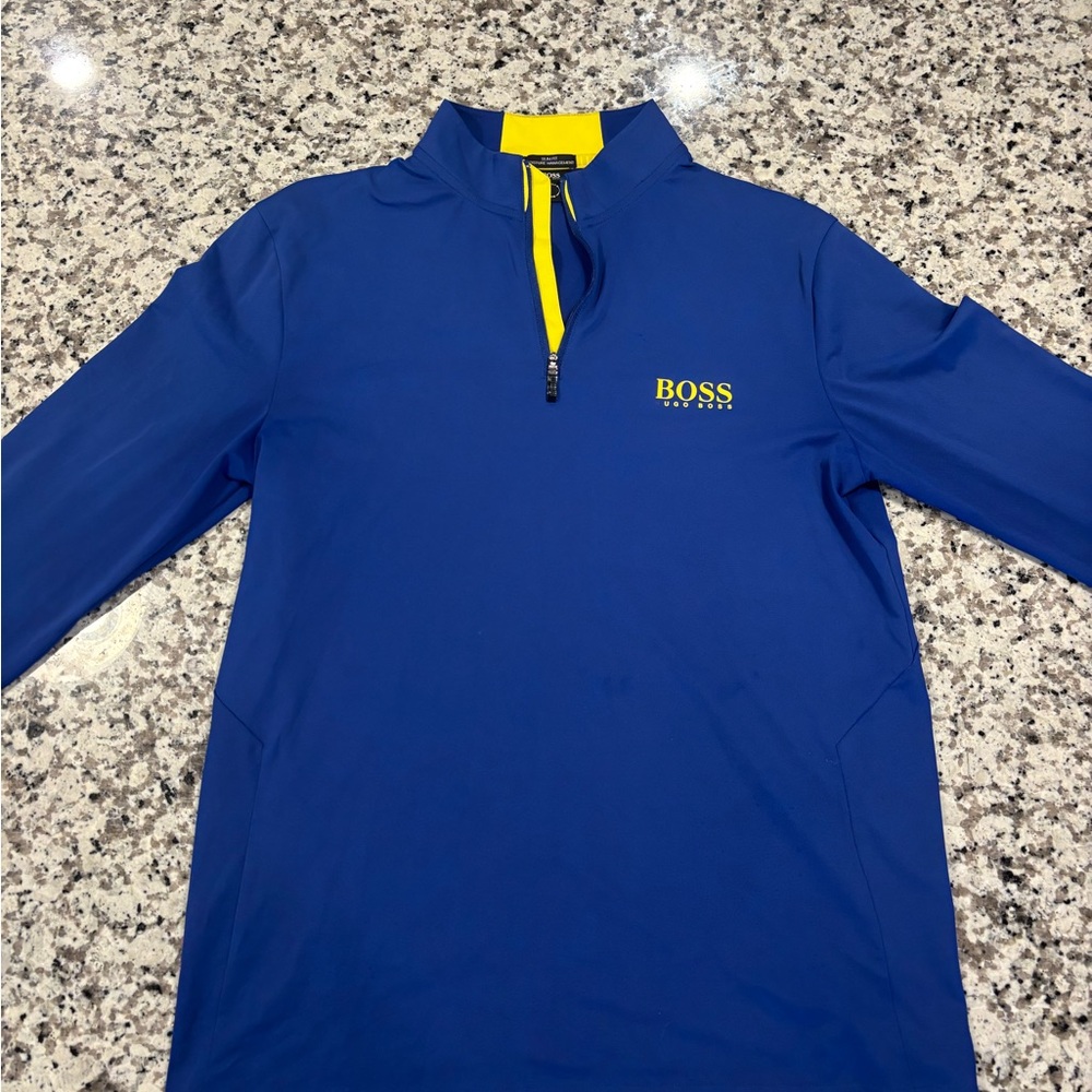 BOSS men’s  Blue Sweatshirt with Yellow Accents